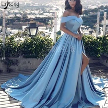 Шикарное небесно-голубое плиссированное платье с открытыми плечами и высокой талией, простое вечернее платье трапециевидной формы, элегантное торжественное платье макси, Vestidos