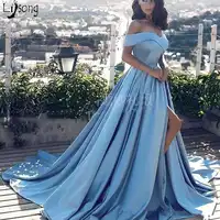 シックなスカイブループリーツオフショルダー高脚スプリットシンプルaラインイブニングドレスカスタムメイドエレガントフォーマルマキシvestidos