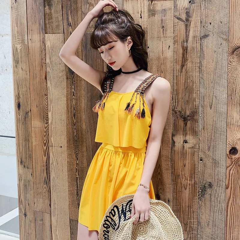 Для женщин однотонные Двойка Купальники/бикини для плавания платье Пляжная одежда летние пикантные ванный Комплект Спортивный купальник