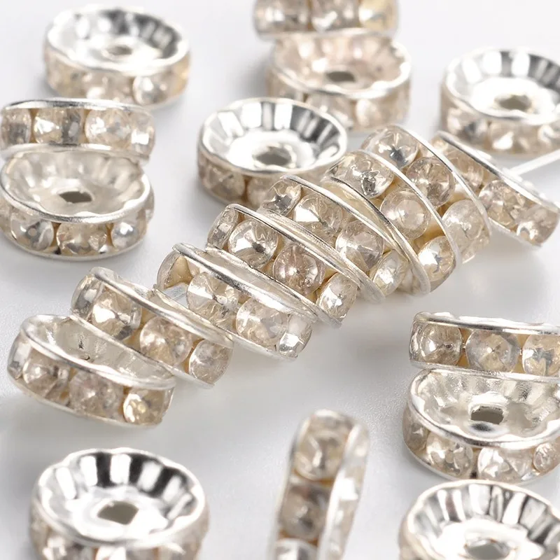 

20pcs Clear Brass Rhinestone Spacer Beads, Grade B, Silver Metal Color, Size: about 10mm in diameter, 4mm thick; hole: 2mm
