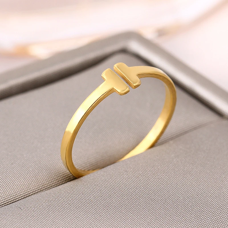 

Italina Rigant Brand Fashion Ring Real 14KGP Opening Letter T Shaped Gold Ring Jewelry JR2040