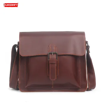 

New Men's Leather Shoulder Bag Women Small Square Bag Fashion Simple Messenger Bag Ipad Bag Handmade Reale Genuine Leather Flap