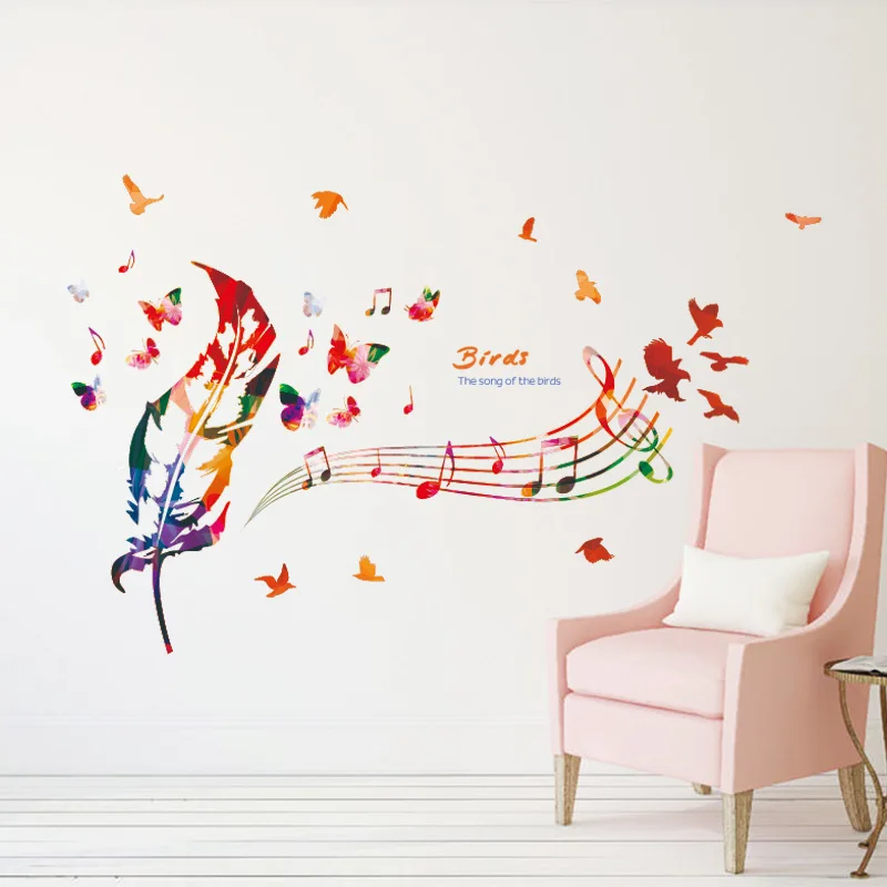 

1PCS Feather Butterfly Musical Note Wall Stickers For Music Room Entrance Family Decoration PVC Removable Decorative