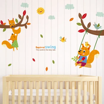 

DIY Squirrel Swing Wall Stickers Creative Tree Branch Wall Art Animal Home Decor Decals for Kids Rooms Kindergarten Decoration