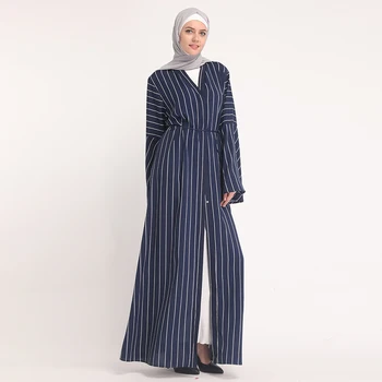 

Casual Muslim Striped Abaya Robes Vestidos Middle East Ramadan Turkish Islamic Flare Sleeve Maxi Dress Cardigan Kimono Long