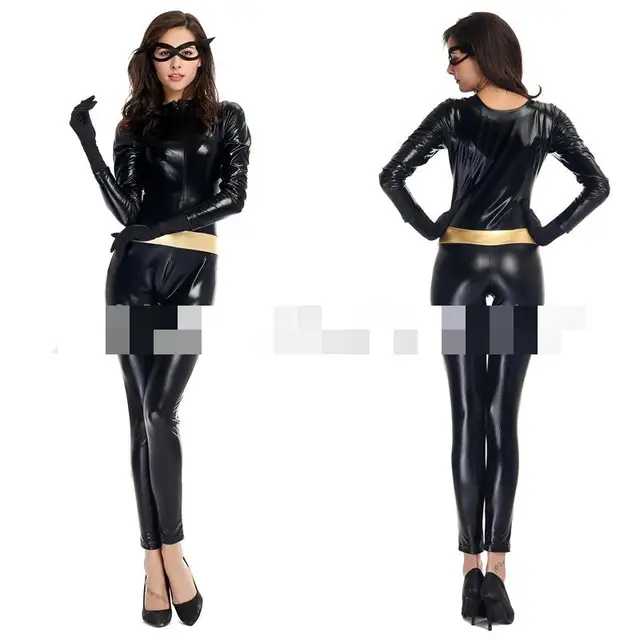 Black Masked Female Flying Man Superman Outfit Jumpsuit Faux Leather Catsuit With Gloves Sexy Catwoman Cosplay Black Masked Female Flying Man Superman Outfit Jumpsuit Faux Leather Catsuit With Gloves Sexy Catwoman Cosplay