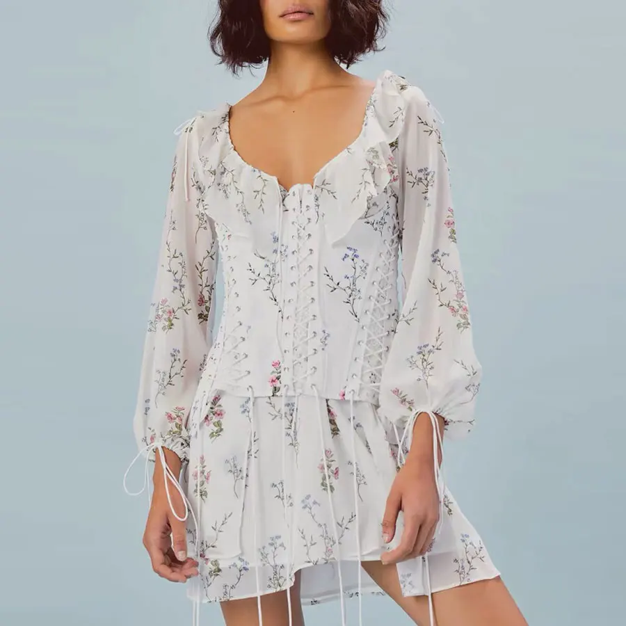 

2019 New Arrival Women Fashon Sexy Dress V-neck Flower Printed Mini Dress with A Girdle Full Sleeve Slim Style Holiday Dresses