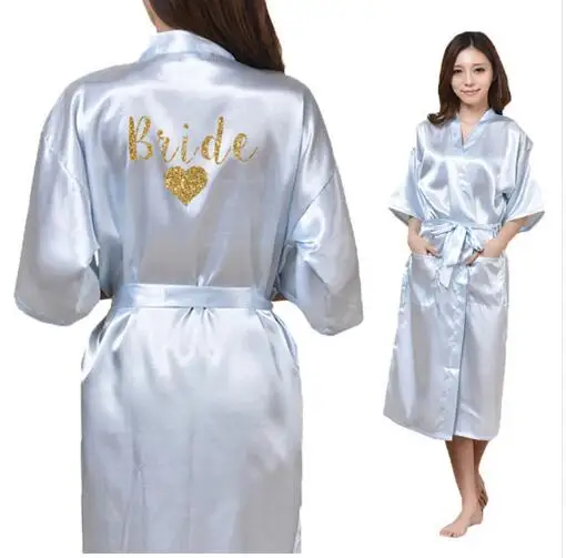Платье-кимоно с золотым блестящим принтом в виде сердца невесты, халат из искусственного шелка, женская свадебная одежда - Цвет: light blue  bride