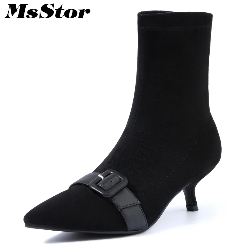 

MsStor Pointed Toe High Heel Women Boots 2018 Fashion Black Brown Ankle Boots Women Shoes Elegant Buckle Boots Shoes For Woman