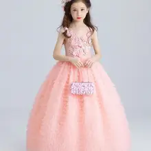 Роскошное розовое Тюлевое платье с цветочным узором для девочек; детское свадебное платье; детское праздничное платье до щиколотки с аппликацией из бисера; платье для первого причастия