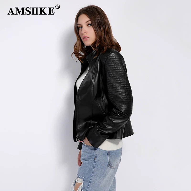 AMSIIKE 2017 Женская Кожаная Куртка из Овчины Чёрный цвет Стойка Воротник A2701| |