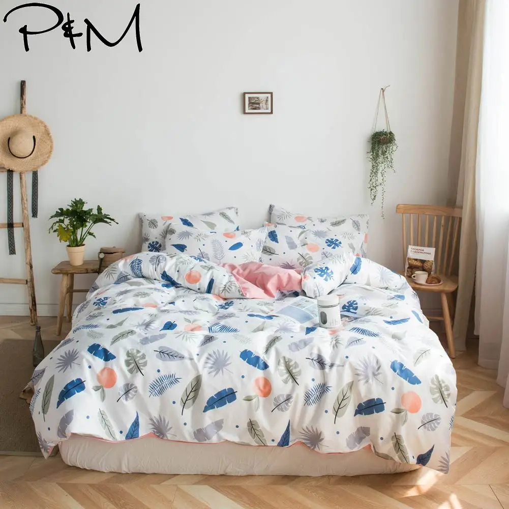 

2019 INS Blue Feathers Leaves Duvet Cover Set Flat Fitted Sheet Cotton Bedlinens Hypoallergenic Twin Queen King Bedlinens