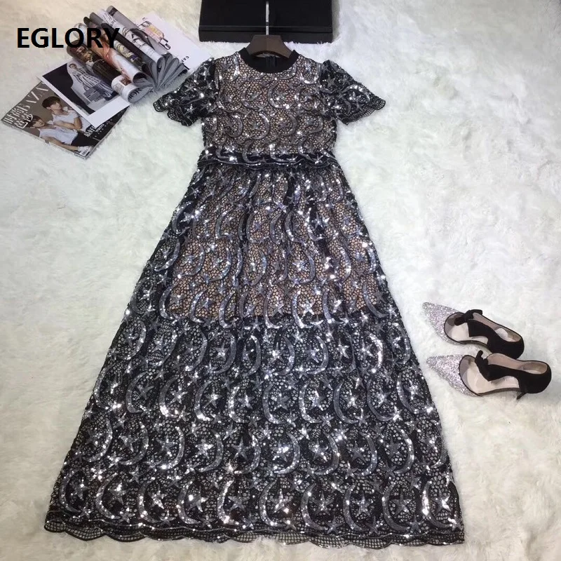 

Long Dress 2019 Spring Summer Evening Party Shine Dress Women Star Moon Sequined Patterns Short Sleeve Long Maxi Dress Longo
