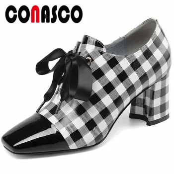 

CONASCO Fashion Brand Women Pumps Genuine Leather High Heels Ribbons Bowtie Party Dancing Shoes Woman Sexy Quality Basic Pumps