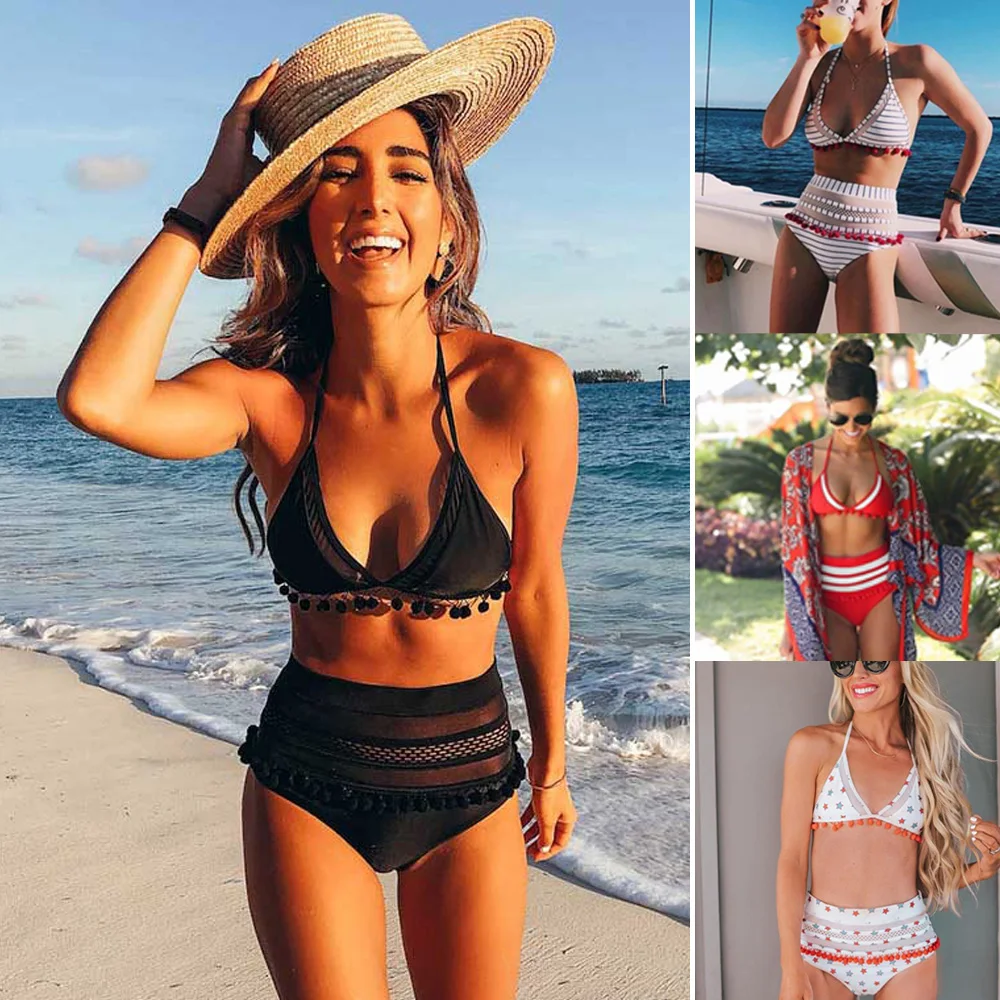 Сетчатое бикини для женщин с принтом в полоску купальник высокой талией