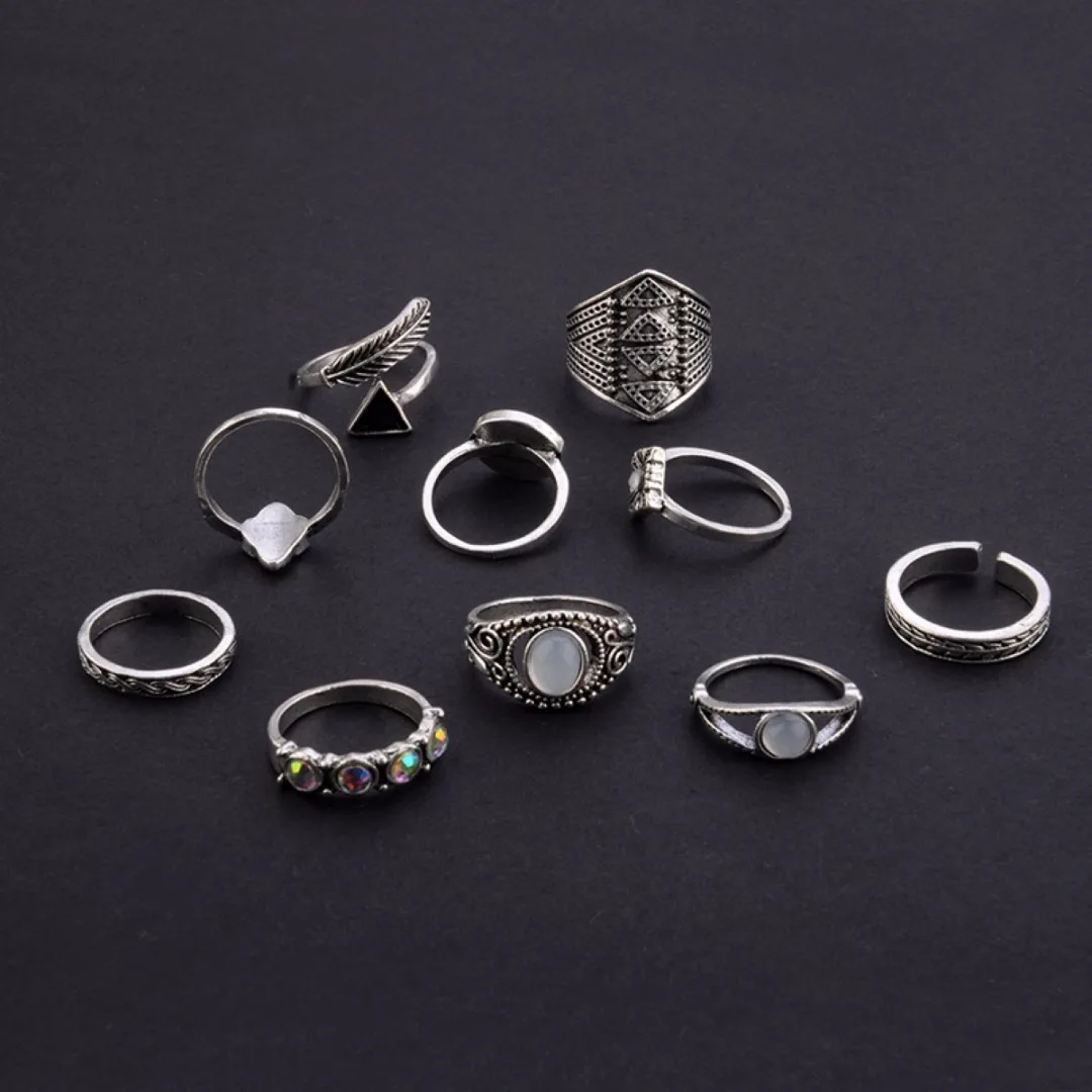 10pcs/set Vintage Steampunk Ring Sets Shellhard Punk Leaf StoneStacking Midi Finger Ring for Women Jewelry Female Anillos