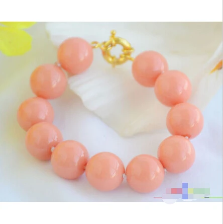 

Free shipping >>>>>>P4862 8" 16mm CORAL PINK ROUND SOUTH SEA SHELL PEARL BRACELET