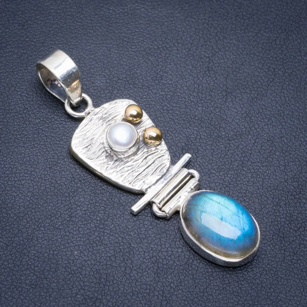 

Natural Two TonesLabradorite and River Pearl Handmade Unique 925 Sterling Silver Pendant 2" A1751