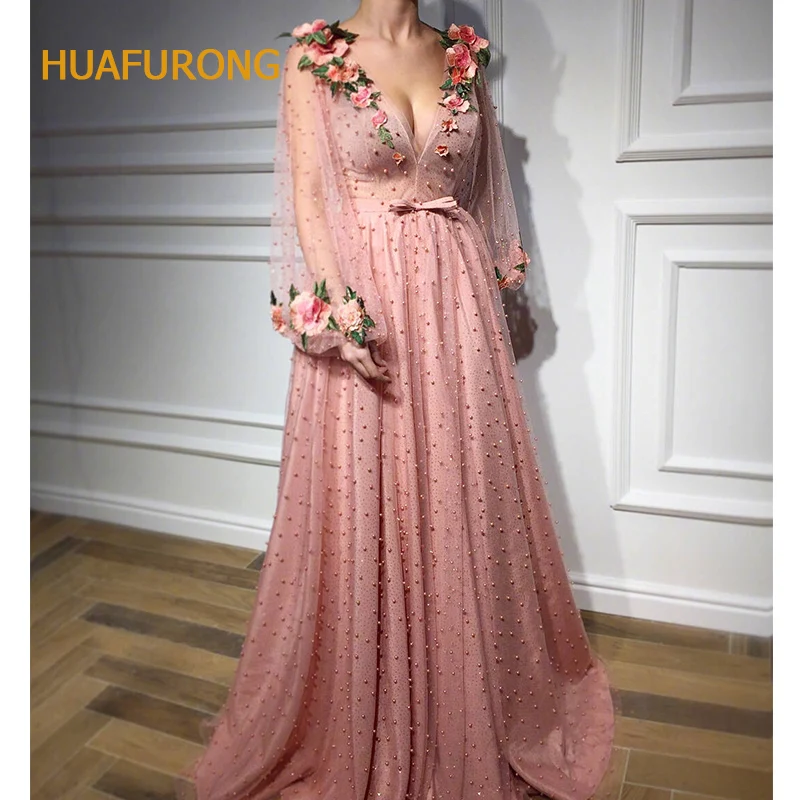 

Sexy Illusion Sleeve Pearls Pink Flower Celebrity Dresses Elegant Party Dubai Peacock Dress Appliqued Arab Red Carpet Dress