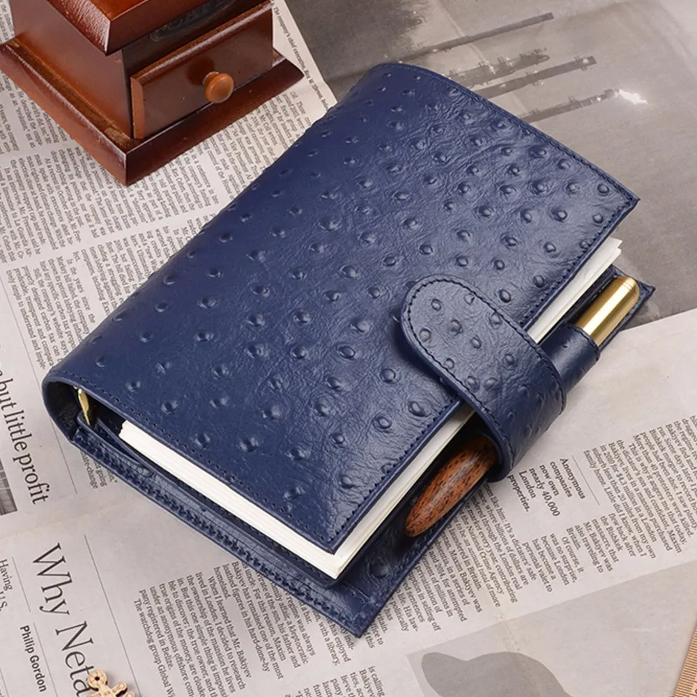 

Ostrich Blue Color Genuine Leather Rings Notebook 192x135mm Personal Diary Gold Binder Daily Planner Handmade Agenda Organizer