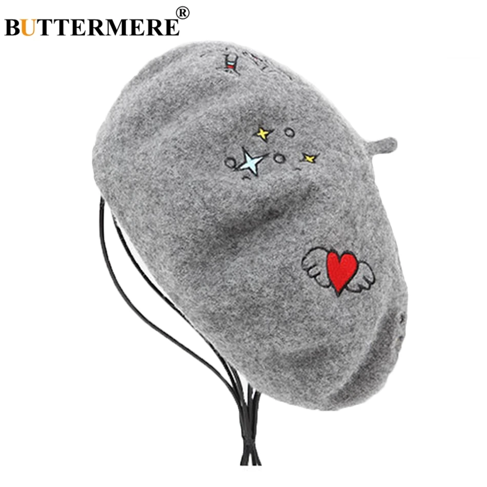 BUTTERMERE Wool Felt Beret Caps For Women Gray Embroidered Painters Cap Ladies Fashion Love French Female Winter Artist Hats