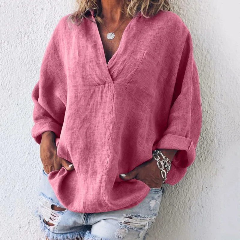 

MoneRffi Summer 2019 New Women Casual Solid Color Long Sleeve Shirt Loose V-neck Womens Blouses Tops Plus Size Spring Blusas