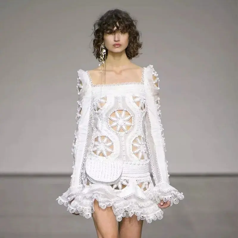 Подиум летнее дизайнерское мини-платье для женщин длинный рукав цветок квадратный воротник выдалбливают вышивка вырез платья Вечерние платья Vestido