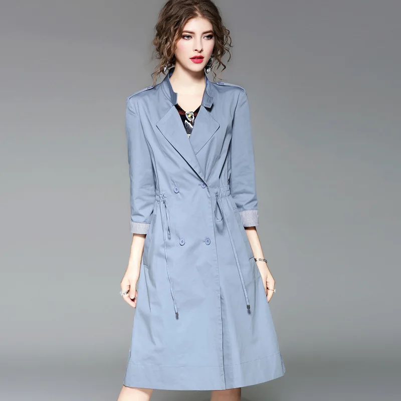 women autumn spring casual slim double breasted long trench coat sky