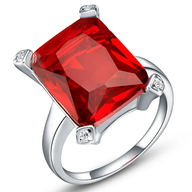 Women Engagement Simulated Red Diamond Rings Square Silver Plated Cubic