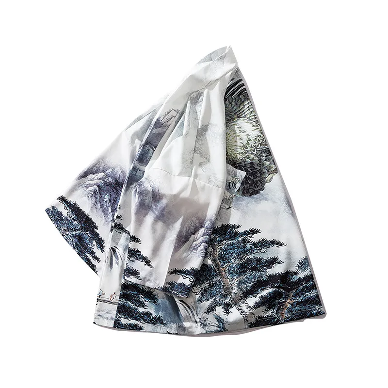 Bebovizi Chinese Style Eagle Printed Cardigan Kimono Japan Loose Thin Polyester Robe Mens Harajuku Streetwear Jacket Male Coat