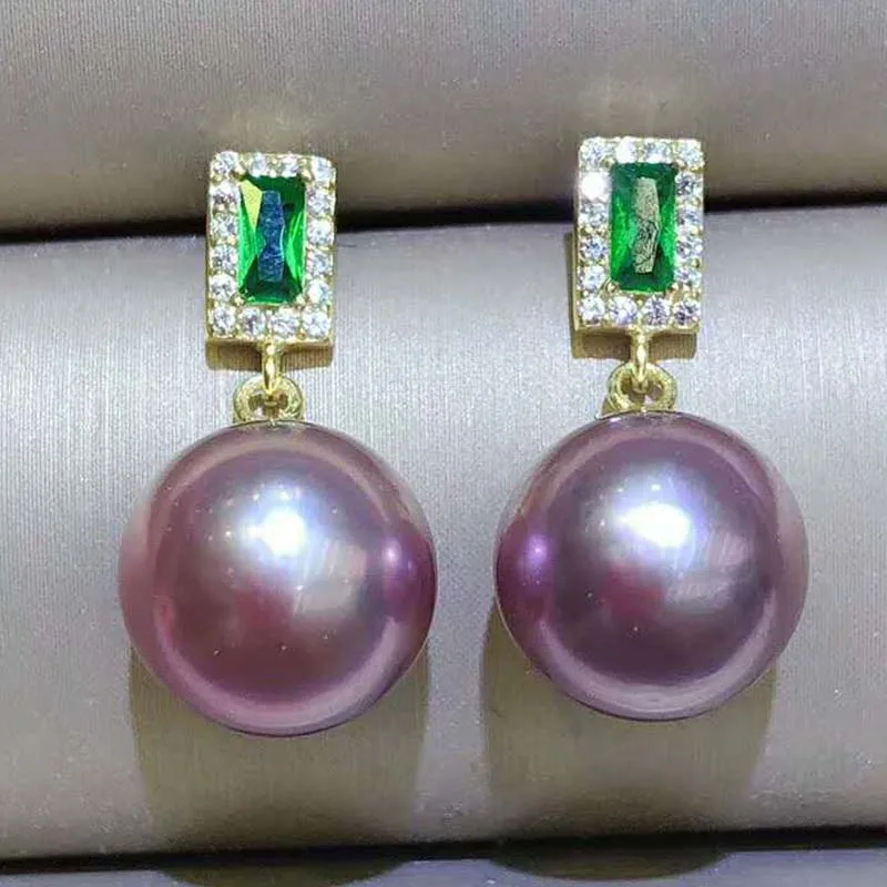 

12mm round purple pearl earring dangle s925 studs