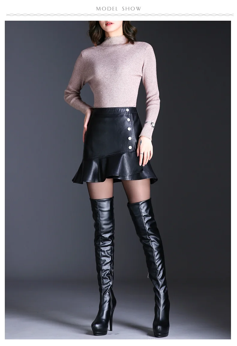 Осенне-зимняя женская юбка из искусственной кожи, новинка, модная однобортная мини-юбка русалки, S-3XL размера плюс, Черная Женская юбка с оборками