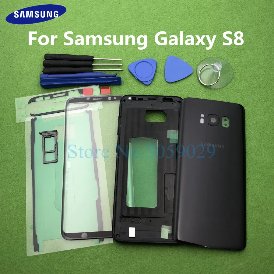 Для Samsung Galaxy S8 g950 G950F SM-G950F полный корпус Корпус рамка средняя рамка задняя крышка+ передняя стеклянная лупа наклейка