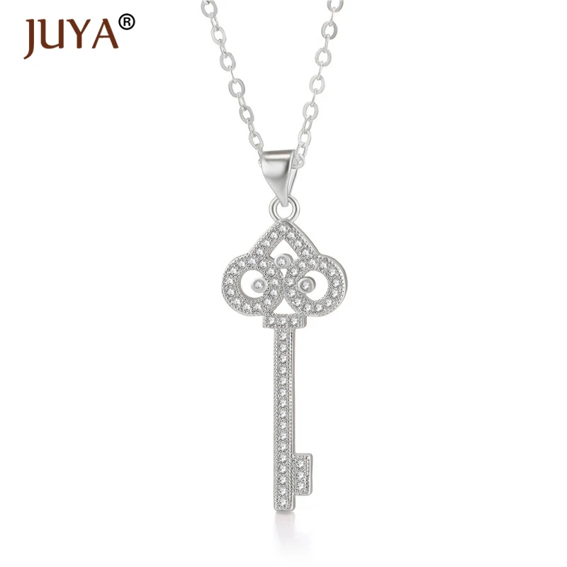 fashion statement necklaces for women Luxury Jewelry Copper Zircon Rhinestone Key Pendants Necklace Silver Femme - Metal Color: silver