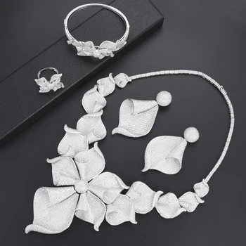 

4 pcs Fashion Big Necklace wedding jewelry sets Cubic Zirconia Dubai Indian Bride Necklace Earrings set Bangle Ring For Women