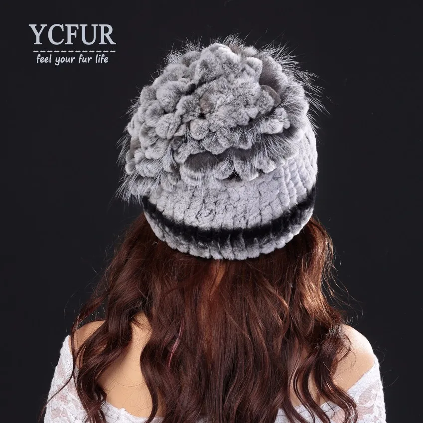 YC Fur зимние шапочки шапки для женщин в полоску Настоящий мех кролика шапки с отделкой мягкие теплые женские шапочки зимние шапки
