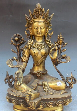 

0 11" Tibet Bronze Gilt Green Tara Mahayana Buddhism enlightenment Goddess Statue