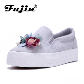 

Fujin 3D Flower design shoes Spring Autumn platform shoes Women Slip On Loafers Platform Flat Shoes Rhinestones Vulcanize