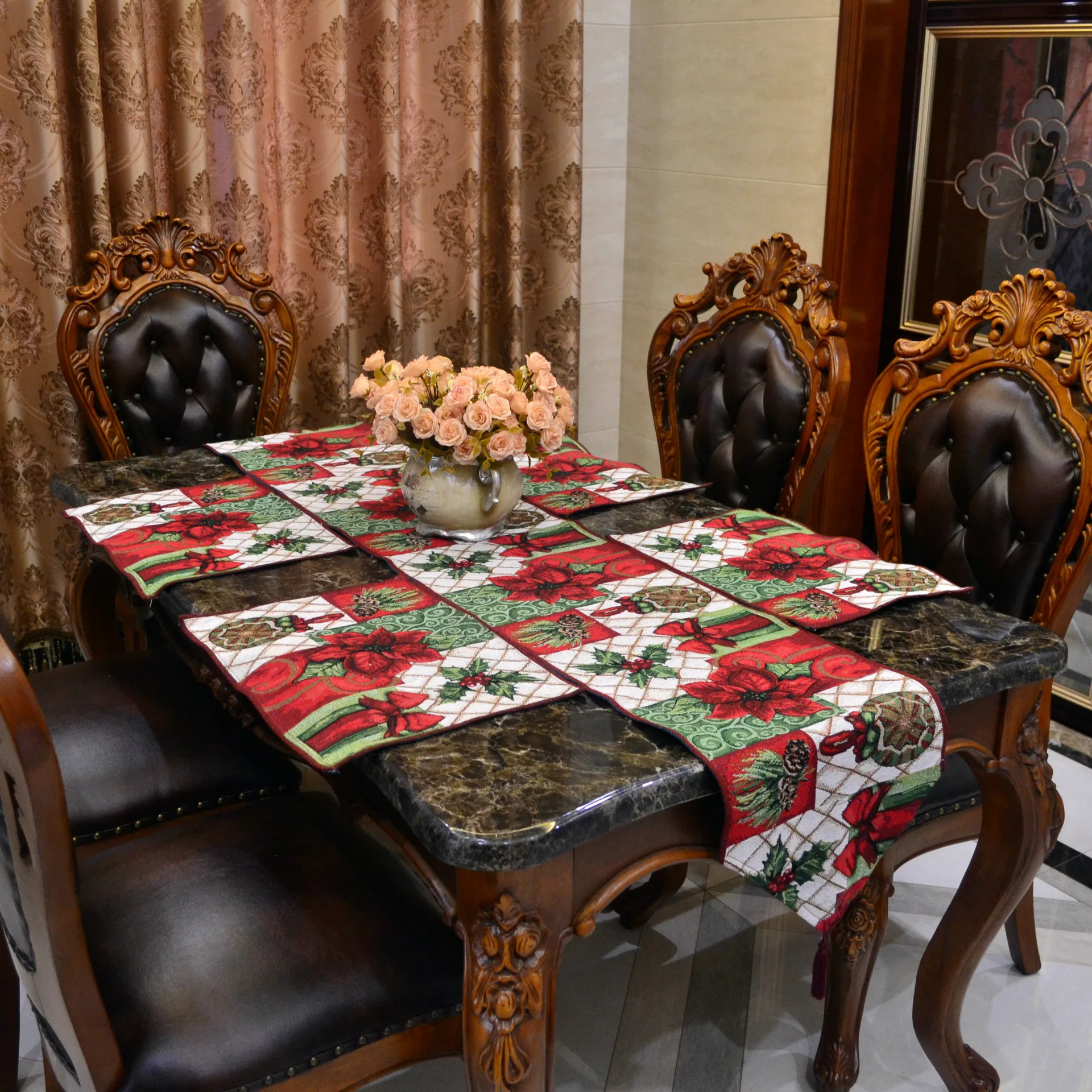 

poly cotton High quality Christmas Design Dobby table runner and table placemat , tablecloth
