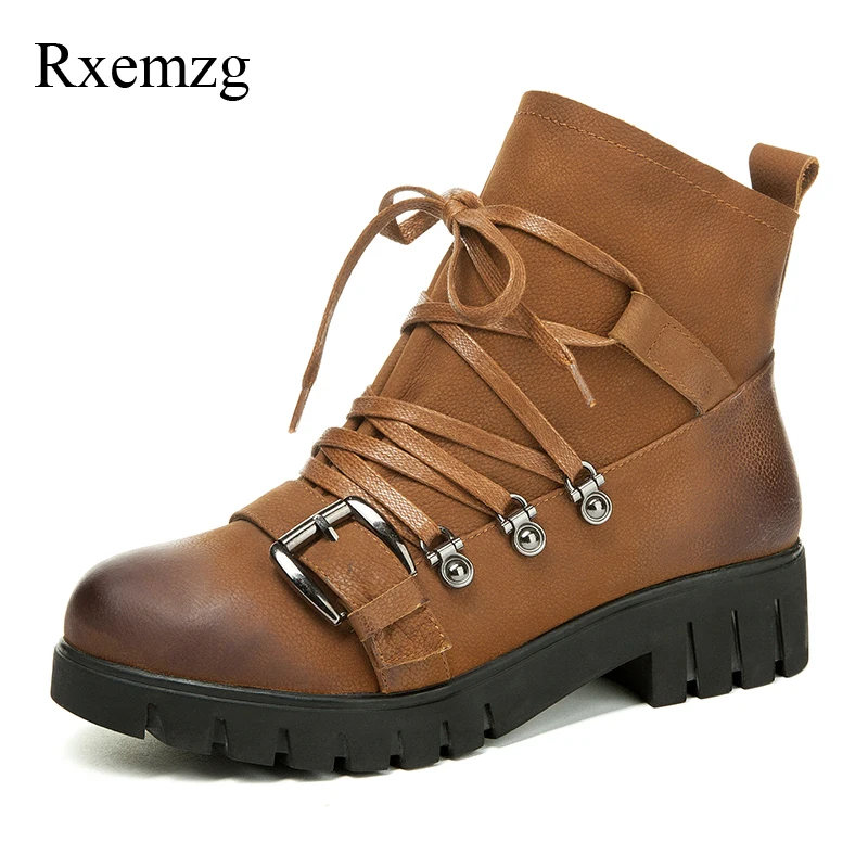 

Rxemzg real leather women shoes platform boots round toe casual woman square heel ankle boots fashion cross-tied ladies boots