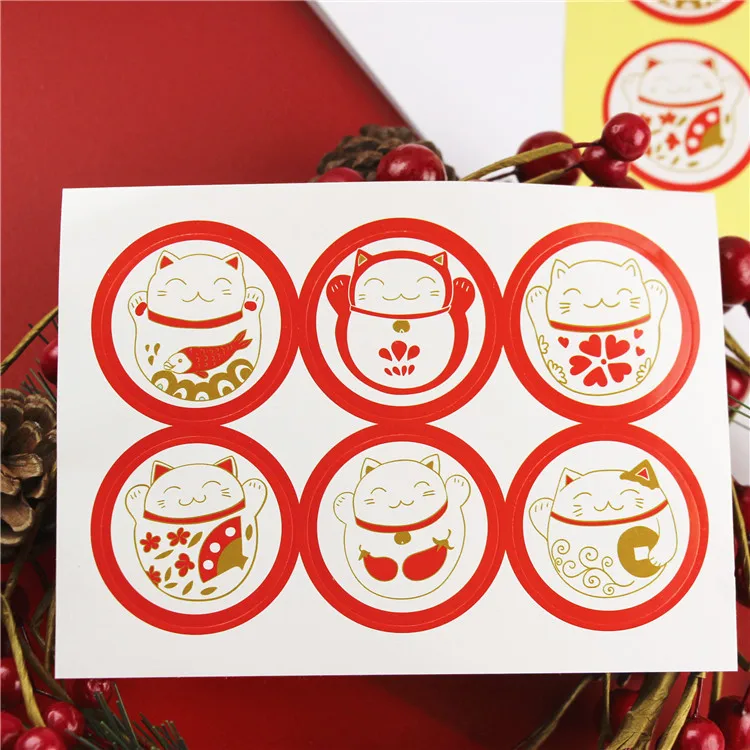 

60pcs/lot(10 Sheets) Diameter: 3.8cm 6 designs Lucky Cat round Hand made Flower Design Sticker Labels Stationery Sticker