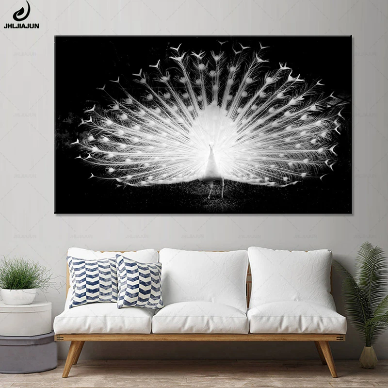 White Peacock Shows Its Tail Black And White Prints Canvas Paintings Wall Art Home Decor Posters Animal Pictures For Living Room