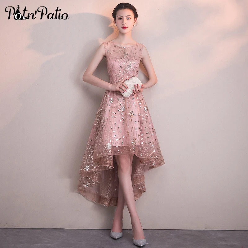 

Shiny Glitter High Low Prom Dresses For Graduation Party 2019 Scoop Sleeveless Backless Pink Homecoming Dresses