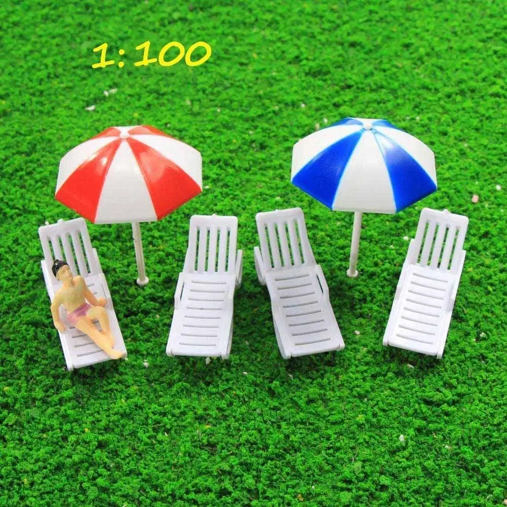 

TYS34100 2 Sets Parasols Sun Loungers Deck Chairs Bench Settee 1:100 Scale Model Train Railway