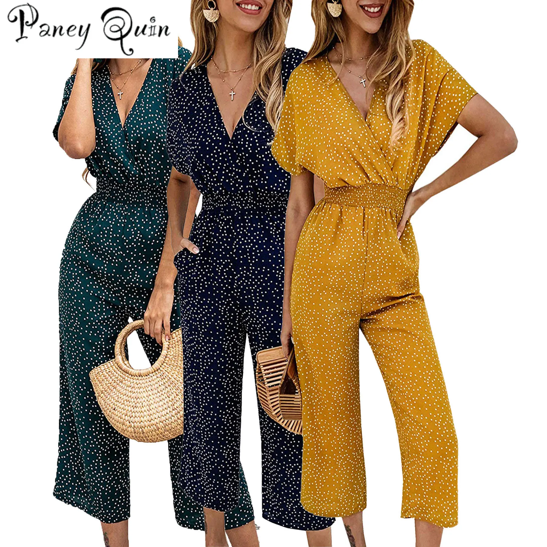 

summer new loose jumpsuit women point V collar short sleeve pocket high-waisted wide-legged chiffon jumpsuit