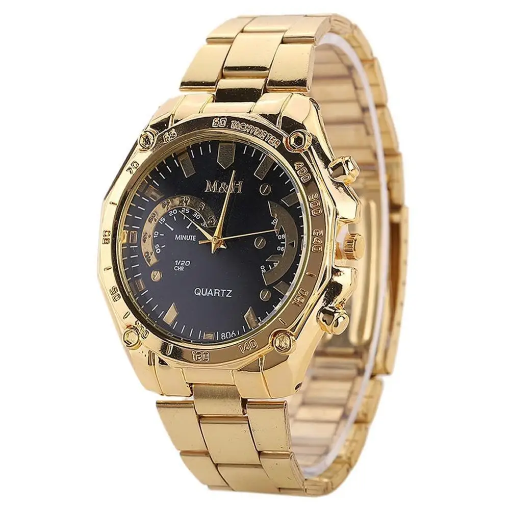 

2019 Fashion Men's Alloy Gold Band Qaurtz Watch Black Dial Analog Quartz Wrist Watch For Business Gentlemen
