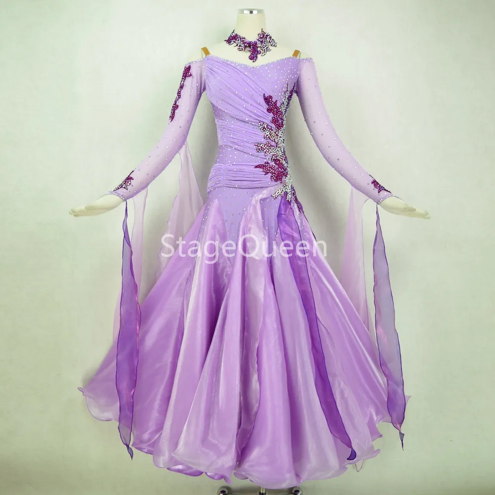 

Purple Rhinestones Standard Ballroom Dresses Girls Long Sleeve Dancing Costume Adult Waltz Ballroom Competition Dance Dress