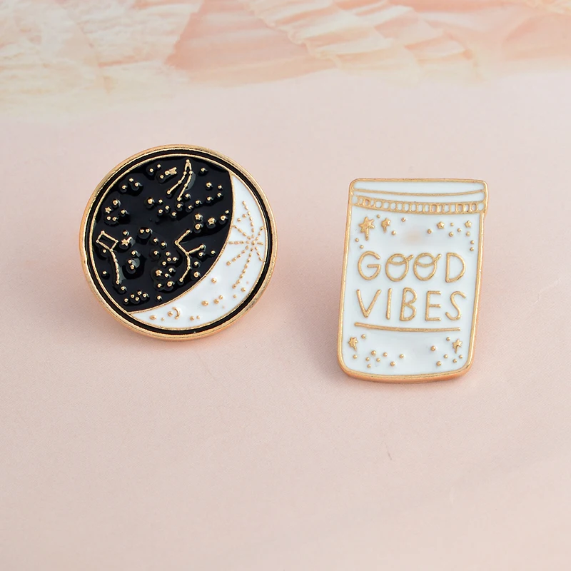 

2pcs/set GOOD VIBES Space Universe Witch Enamel Brooch Denim clothes bag Pin Buckle Shirt Button Badge Gift for men women Friend