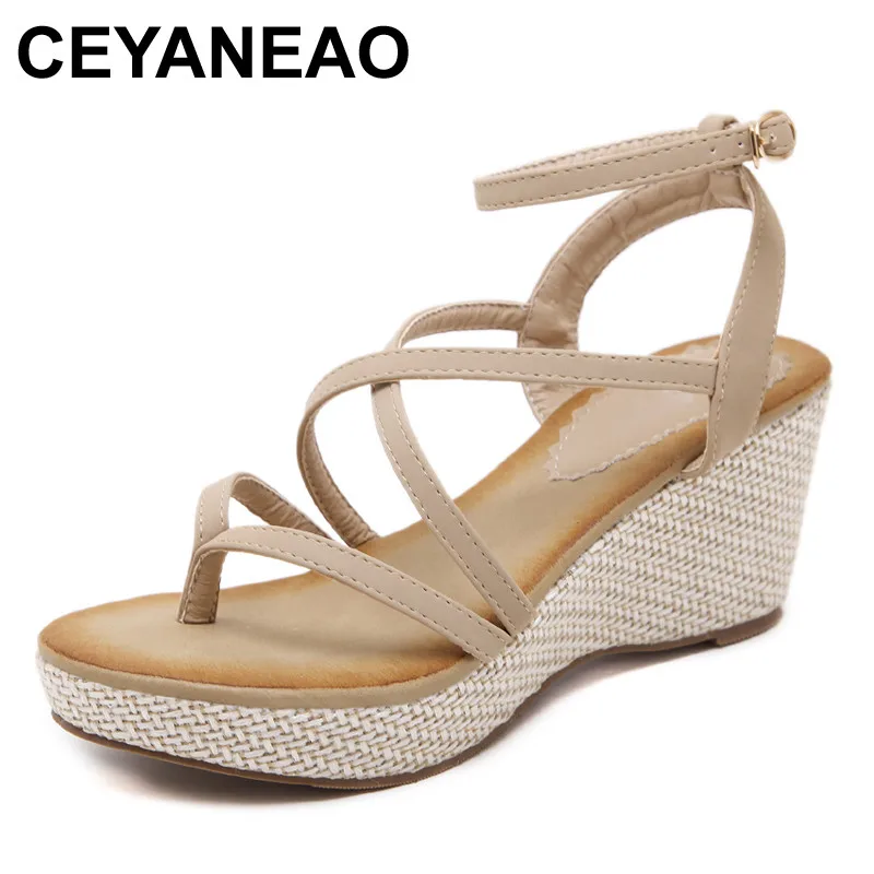 

CEYANEAO Women Bohemia Gladiator Sandals Ring Toe Thong Flip Flops Strappy Cross Strap Bandage Comfort Shoes Platform Wedge Heel