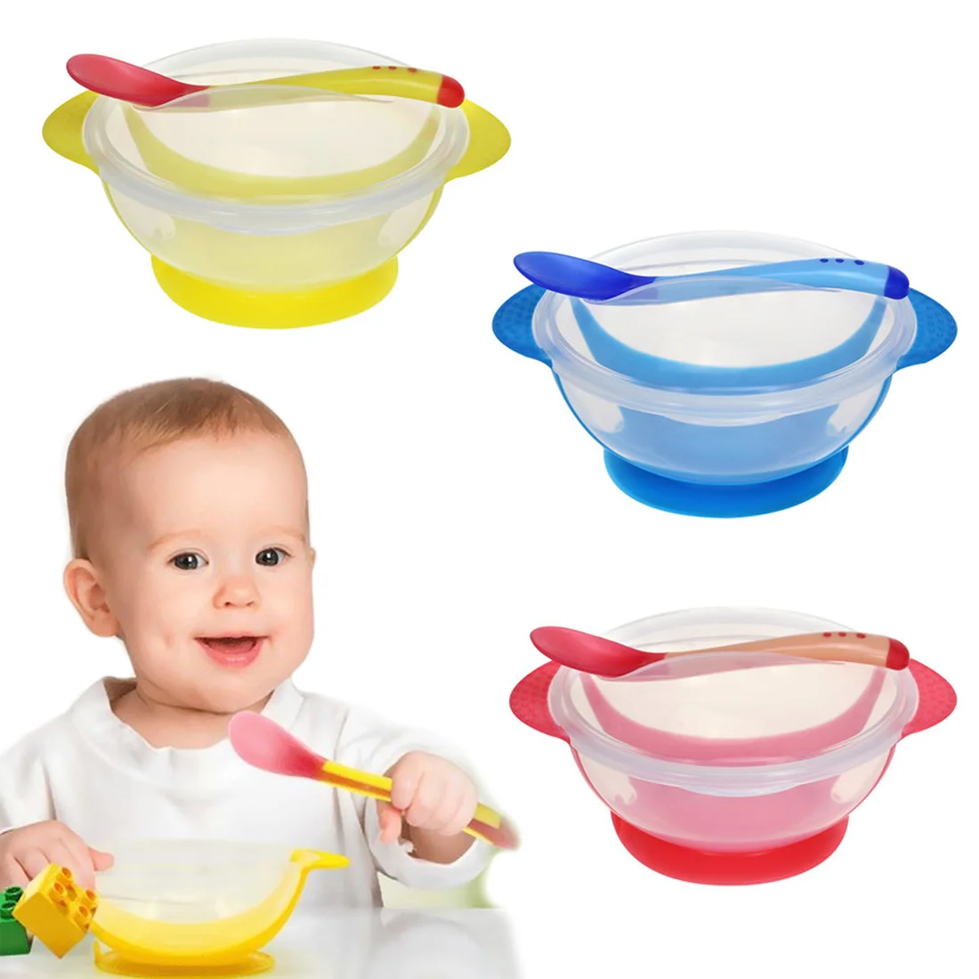 

Feeding Spoon Temperature Sensing Child Tableware Food Bowl Learning Dishes Service Plate/Tray Suction Cup Baby Dinnerware Set